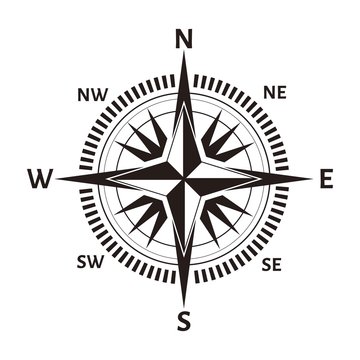 Navigation compass or wind rose icon. Vector retro nautical or marine cartography map with North, South