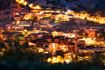 Beautiful view Goreme at night. Famous center of balloon flights. Cappadocia, Turkey