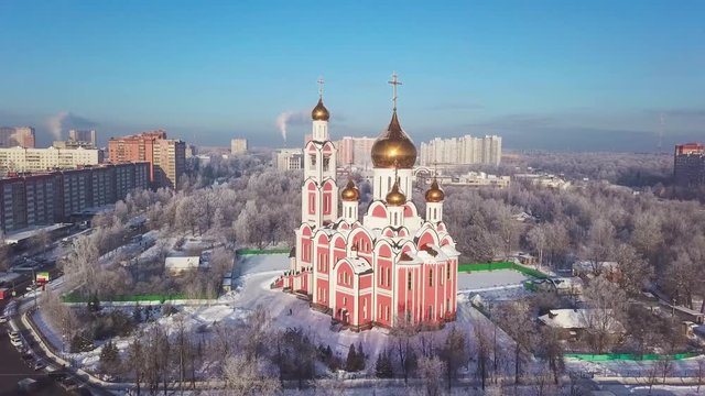 Odintsovo, Russia. Aerial view of temple of St. George in winter
