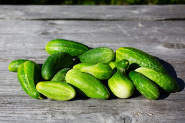 Green fresh cucumbers on wooden background