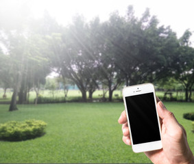 Closed up right hand holding mobile smart phone/ cell phone with copy space ,blank screen for text and content with clipping path,blurred background of green nature outdoor