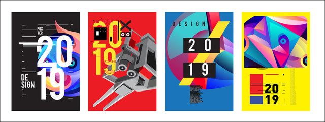 2019 New Poster Design Template. Trendy Vector Typography and Colorful Illustration Collage for Cover and Page Layout Design Template in eps10