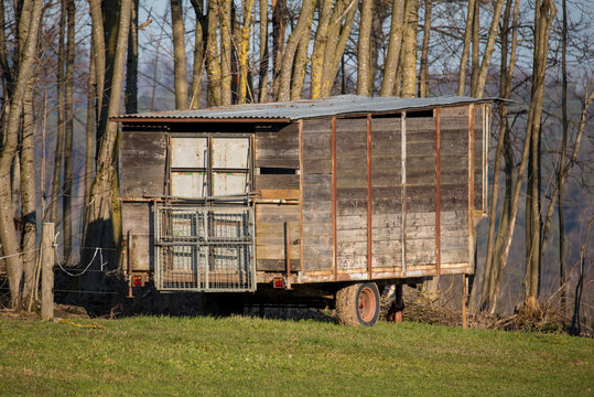 Wagon storage on the fields of a farm in Europe
