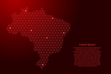 Brazil map abstract schematic from red lines repeating pattern geometric background with rhombus and nodes with space stars for banner, poster, greeting card. Vector illustration.