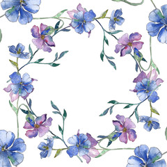 Blue and purple flax floral botanical flower. Watercolor background illustration set. Frame border ornament square.