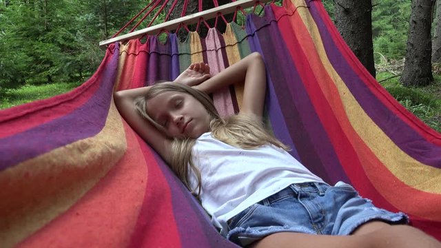 Child Sleeping in Hammock in Camping, Kid Relaxing in Forest, Girl in Mountains