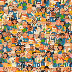 Happy farmers seamless pattern vector illustration. Old and young people, cartoon characters. Male and female gardener with flowers, vegetables, hen and garden tools, plants.