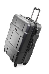 Naklejka premium Big black plastic luggage bag with wheels for travel