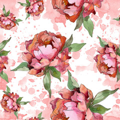 Purple peony floral botanical flower. Watercolor background illustration set. Seamless background pattern.