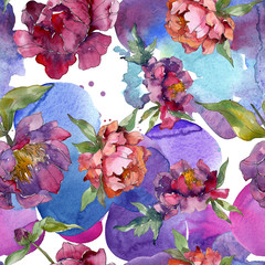 Purple peony floral botanical flower. Watercolor background illustration set. Seamless background pattern.