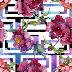 Purple peony floral botanical flower. Watercolor background illustration set. Seamless background pattern.