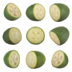 set of slices of feijoa isolated on white background