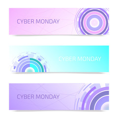 Futuristic circles set of banners vector illustration. Cyber monday background for online shopping advertisement. Sci fi technology. Buying things in Internet. Web design from future.