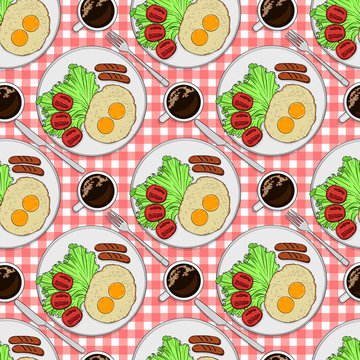 Color vector seamless pattern. Plate with breakfast top view. Fried eggs with sausages and tomatoes and black coffee. American breakfast in a cafe, restaurant. Healthy food
