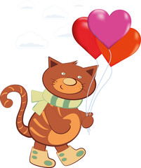 cheerful cat carrying heart-shaped balloons