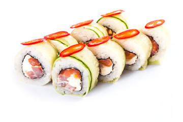 sushi rolls on white background isolated. Traditional Japanese cuisine