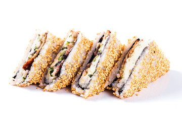 Sushi sandwich on white background isolated. Traditional Japanese cuisine