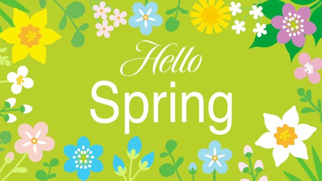 Swinging animated flowers constitute Round frame, including word "Hello Spring" - Green color background