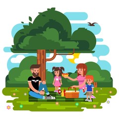 Happy Family has a Picnic in Nature. Vector Illustration