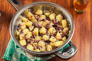 Corned beef hash in a frying pan