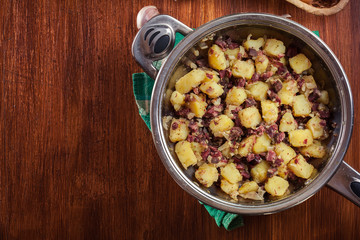 Corned beef hash in a frying pan