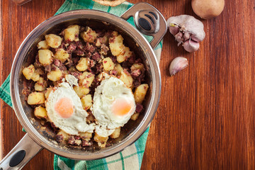 Corned beef hash in a frying pan