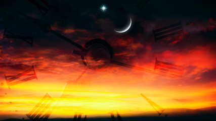 Paradise heaven . Red sunset and moon . Ramadan background . Half moon and star . Beautiful star . Sunset and new moon . Beautiful sky