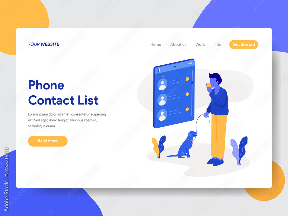Poster landing page template of phone contact list illustration concept. modern flat design concept of web 