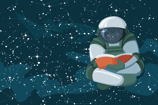 Floating astronaut reading a book in the open space, concept of poster