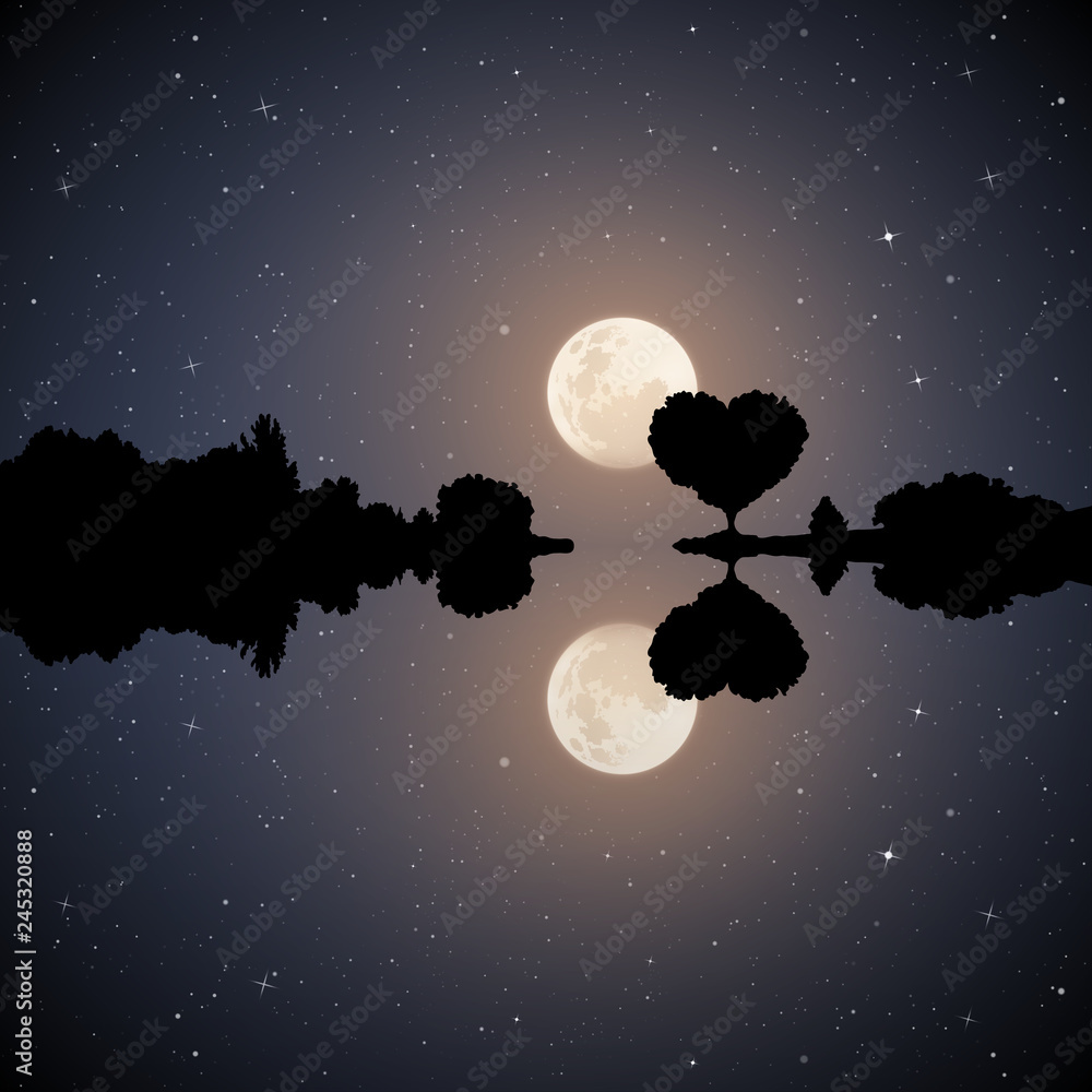 Canvas Prints romantic landscape on moonlit night. vector illustration with silhouette of tree in shape of heart. 