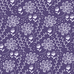 Trendy floral seamless pattern with white flowers and leaves on purple background. Lovely violet floral texture with blossoms and herbs for textile, wrapping paper, surface, wallpaper