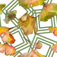 Green yellow ginkgo biloba leaf. Watercolor illustration set. Seamless background pattern.
