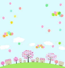 town of cherry blossom trees and balloon
