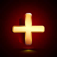 3D stylized Plus icon. Golden vector icon. Isolated symbol illustration on dark background.