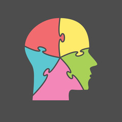 Grey Puzzle Piece Silhouette Head - Vector Jigsaw.