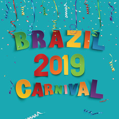 Brazil carnival 2019 background with confetti and colorful ribbons.