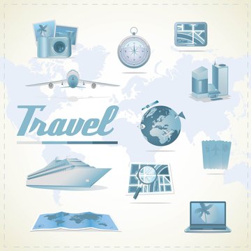 Travel icons. Different types of transportation, compass, maps, gps, notebook, camera, hotel.