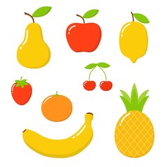 Cute bright colors of fruits vector collections. Set of fruits are apple, lemon, banana, orange, pineapple, mandarin, cherries, strawberry, and pear.