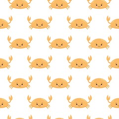 Seamless pattern with cute cartoon crabs on white background. Kawaii animal
