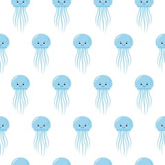 Cute seamless sea pattern with cartoon smiling blue jellyfishes. Kawaii