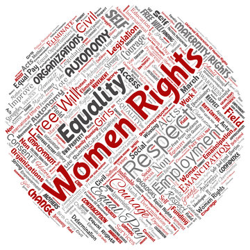 Vector conceptual women rights, equality, free-will round circle red word cloud isolated background. Collage of feminism, empowerment, opportunities, awareness, courage, education, respect concept