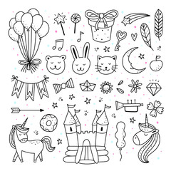 Baby shower vector set. Children's party hand drawn vector illustrations with toys, gifts, unicorns and animals