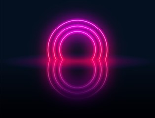 Neon futuristic background. Neon portal with reflection in the dark room.