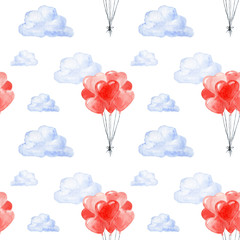 Fond peint à la main à l& 39 aquarelle de la Saint-Valentin avec des ballons en forme de coeur rouge dans les nuages. Modèle sans couture romantique aquarelle pour cartes de la Saint-Valentin, impressions sur papier et textile, scrapbooking