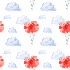 Gordijnen Valentijnsdag aquarel handbeschilderde achtergrond met rode hartvormige ballonnen in de wolken. Aquarel romantisch naadloos patroon voor valentijnskaarten, prints op papier en textiel, scrapbooking © Kate