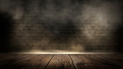 Wooden table in a dark room.