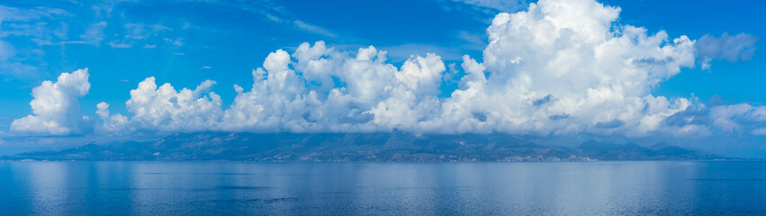Greece, Zakynthos, XXL panorama of reflecting kefalonia island from north cape coast of zante island