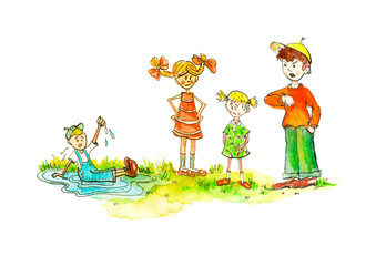 Illustration of people in . Spring summer day. A group of children, little boy, play. The boy fell into a puddle, the children communicate, the dispute. Children's illustration. 