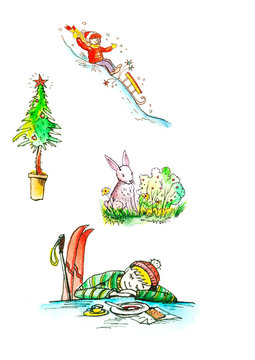  Illustration of people in . A set of children's pictures, stickers. A group of children.Winter theme. The boy is rolling down a snow hill, the boy is sleeping. Hare, Christmas tree.