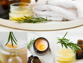 Spa collage with rosemary herb and essential oil, candle , cotton towel and balm salve, spa collage concept